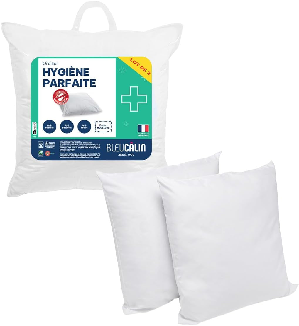 Bleu Câlin Sæt med 2 rektangulære puder anti-mide, anti-bakteriel, fluffy komfort, T 60X60 Cm, 100% bomuld, perfekt hygiejne sortiment Naty Shop standard puder Firkantet form 60 X 60 Cm