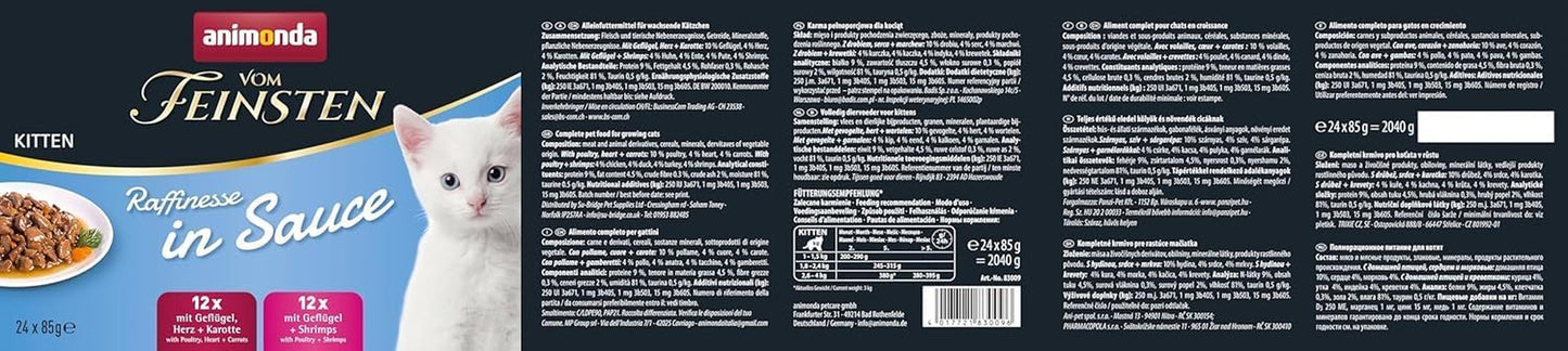 animonda vom Feinsten Premium Kitten Vådfoder til katte, Raffinerede smagsstoffer i sauce, 24 poser (24 x 85 g), Højkvalitets vådfoder til katte, sukkerfri, Blandet blanding