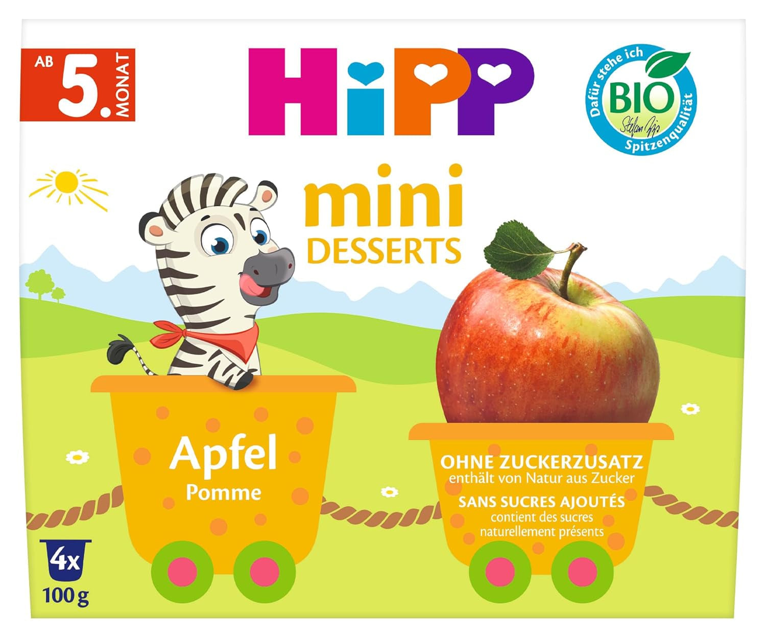 HiPP Mini Dessert Æble Økologisk (pakke med 6 x 4 x 100g), fra 5 måneder, i praktiske kopper, uden tilsat sukker, bedste økologiske kvalitet