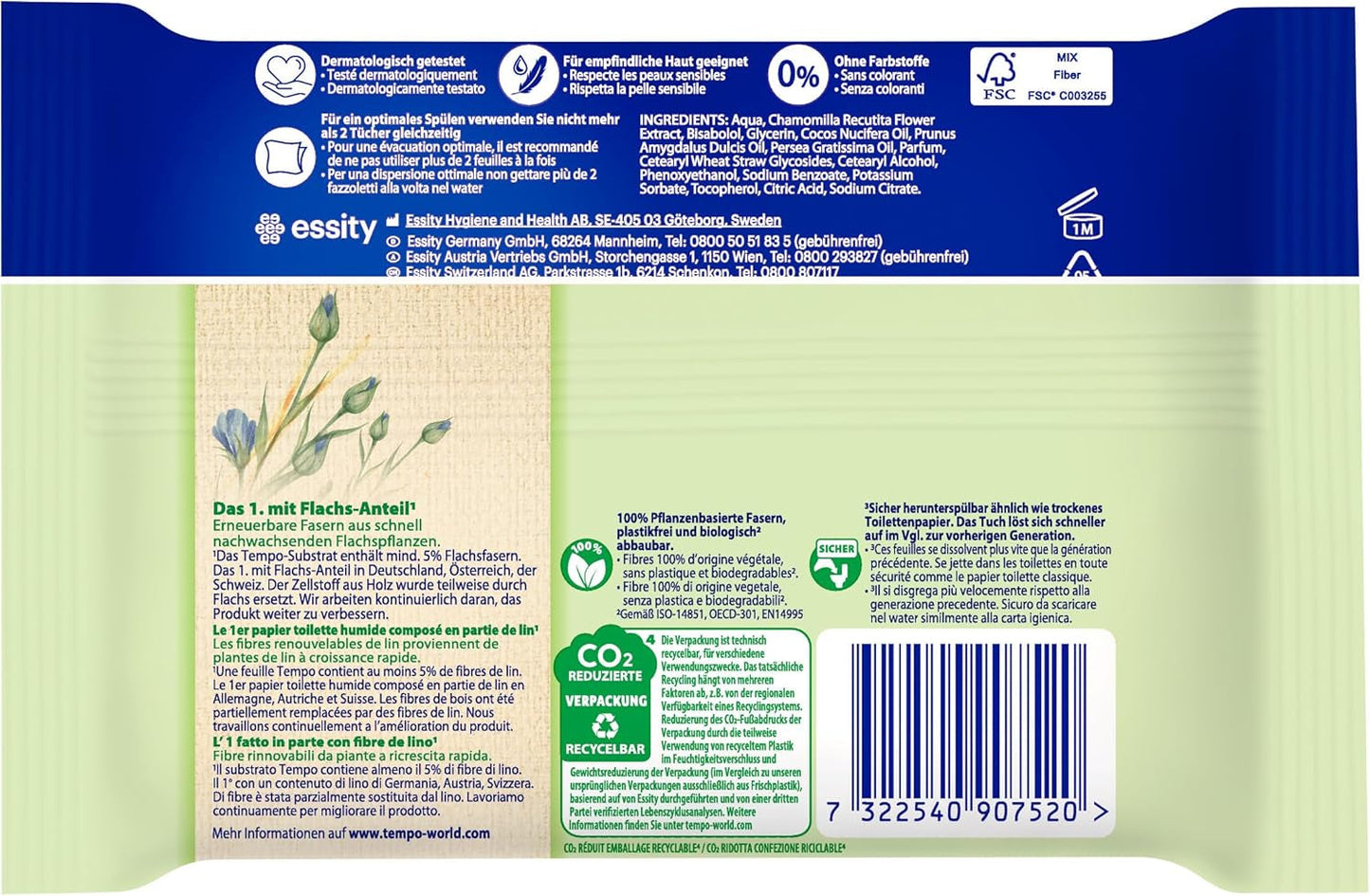 Tempo ''Gentle & Sensitive'' våde toiletservietter - Megapack - 16 pakker med 42 servietter hver - Duo Packs - Natural Aloe Vera - Hygiejnisk papir, dermatologisk testet, hudneutralt