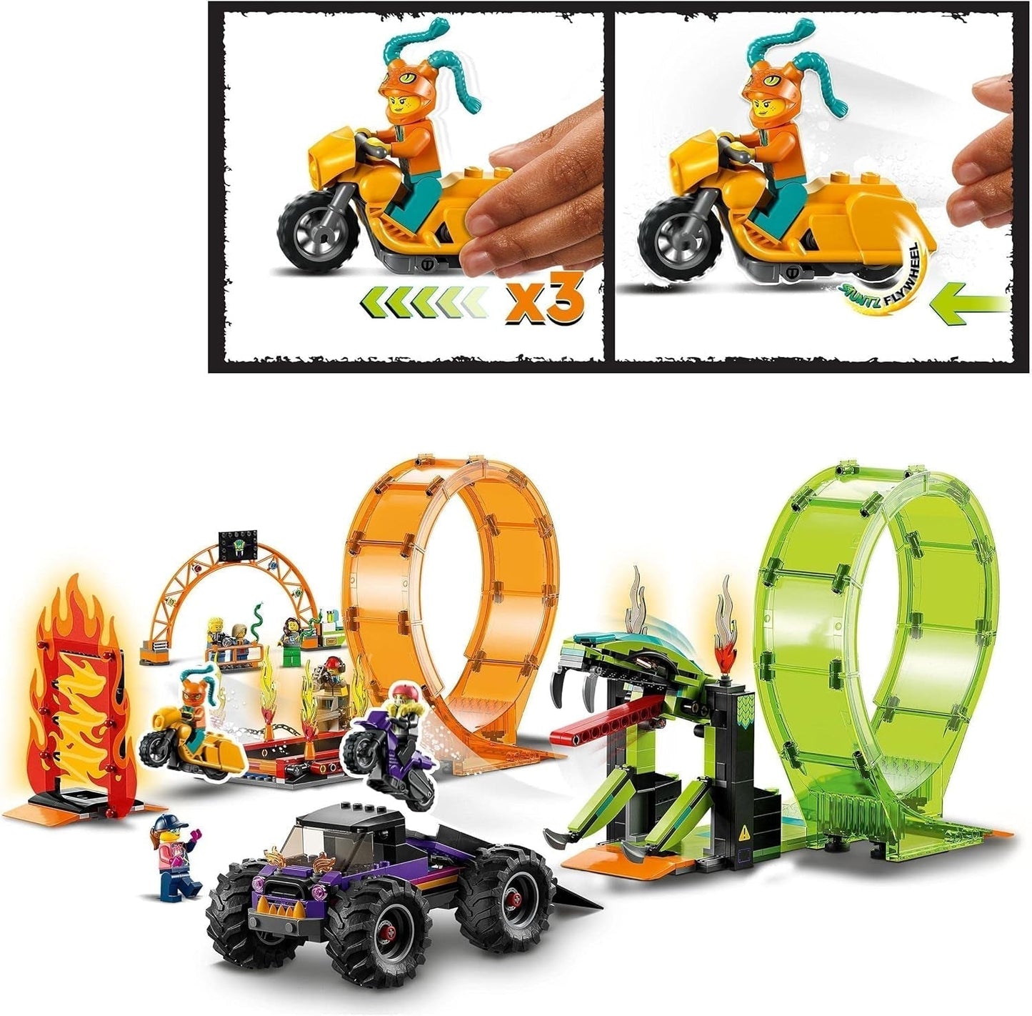 LEGO 60339 City Stuntz Stuntz Show Double Looping Sæt, inkl. rampe, monstertruck, 2X motorcykel og 7 minifigurer, legetøj til børn over 7 år Byggesæt Besuche den LEGO-Store
