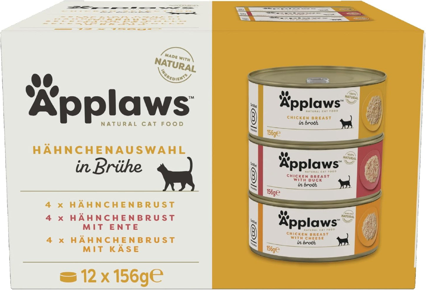 Applaws 100 % naturlig premium våd kattefoder Kylling i bouillon multipakke - 12 dåser x 156 g pakke
