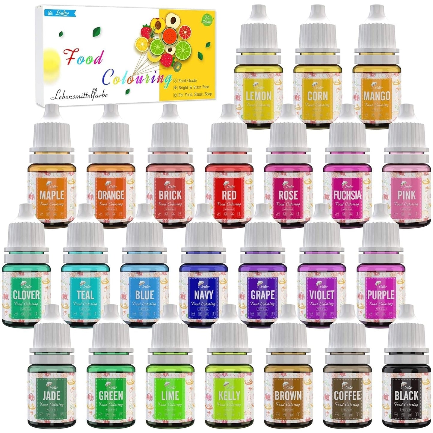24 farver madfarve - flydende madfarve til bagning af kager, småkager, macarons, dekoration og madlavning - levende madfarve til airbrushing, fondant - 6 ml hver