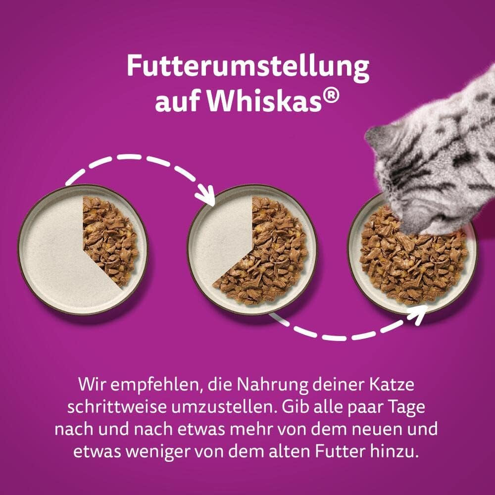 Whiskas 1+ vådfoder til katte med kylling i gelé, 28x85g (1 pakke) - Højkvalitets vådfoder til voksne katte i poser med 28 portioner