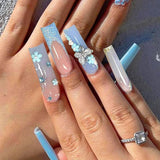 24 stk sommerfugl blå kunstige negle Firkantet tryk på fransk lang glitter glitrende rhinsten falske neglespidser