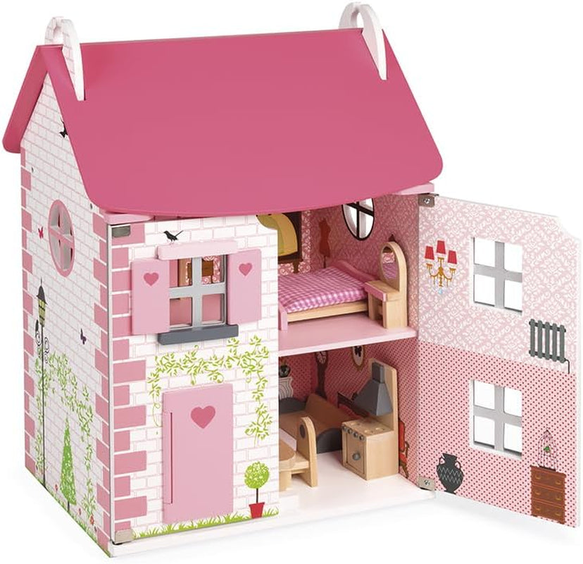 Janod - Mademoiselle dukkehus i træ, 3 etager og 11 tilbehør, Legetøjsreplika, udvikler fantasi, 3+ år, J06581, Pink Naty Shop klassiske dukkehuse