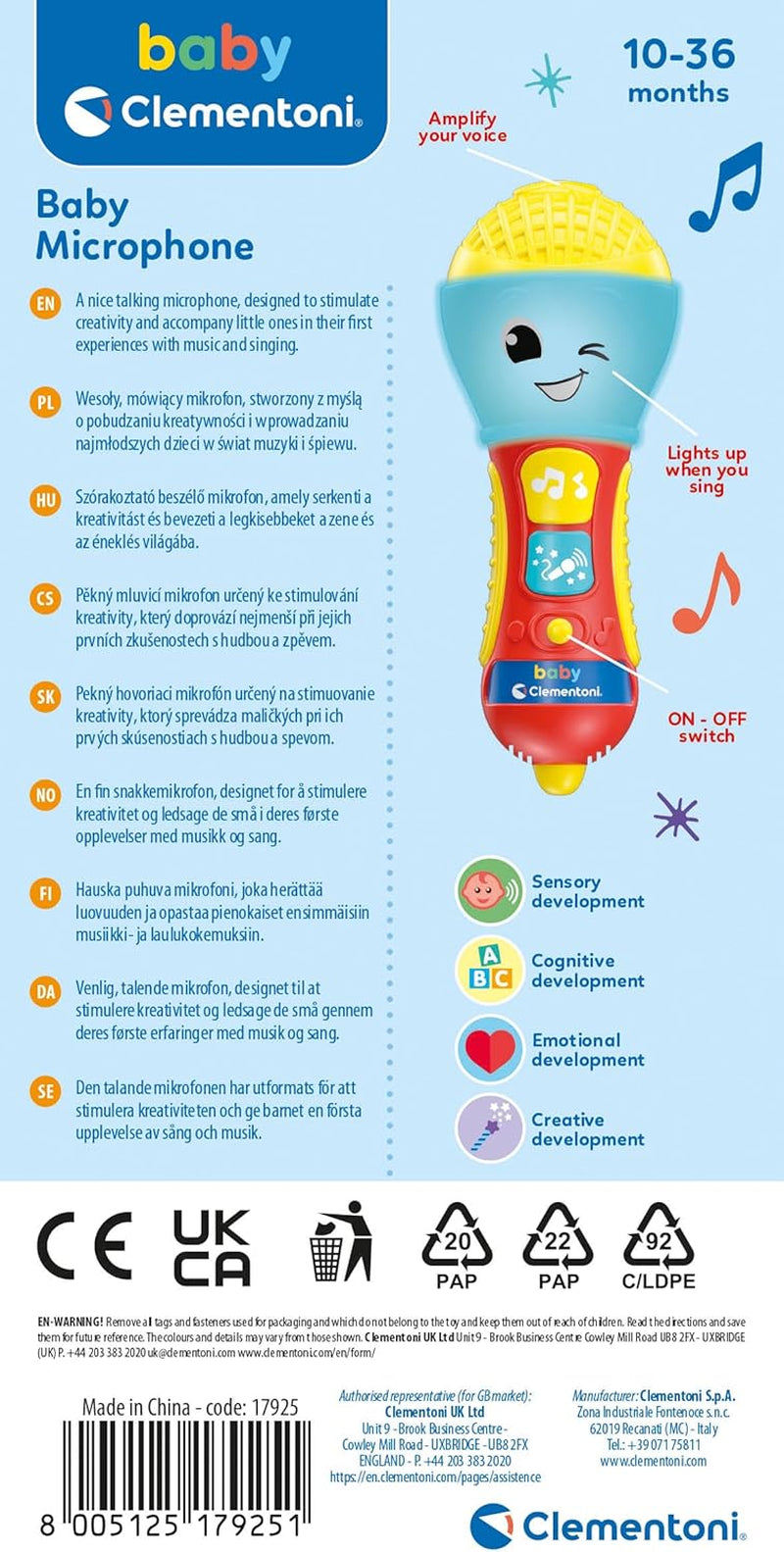 Clementoni - babymikrofon, elektronisk musikspil til tidlig børn, legetøj 10-36 måneder, aktivitetscenter med lys og lyde, 17931 babylegetøj Naty Shop