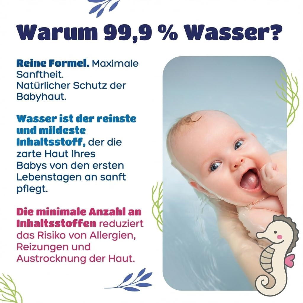 Kindii Water Care Wet Wipes - Aqua Baby Wipes - 100% viskose, 99,9% vand, grapefrugtekstrakt, tørklæde størrelse 150x200, 100% biologisk nedbrydeligt, plastikfri, renseservietter til følsom hud