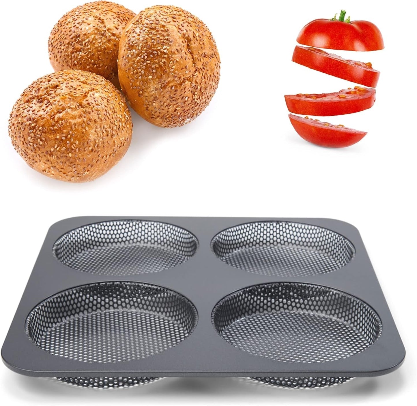 Hamburgerbrötchen, Perforiert, Antihaftbeschichte, 4 Runde Mulden Mit Je 12 Cm, Pfannengröße 28 X 28 Cm, 2,5 Cm Tief, Mittelgroß, Schwarz Forme og bakker til bagning Naty Shop