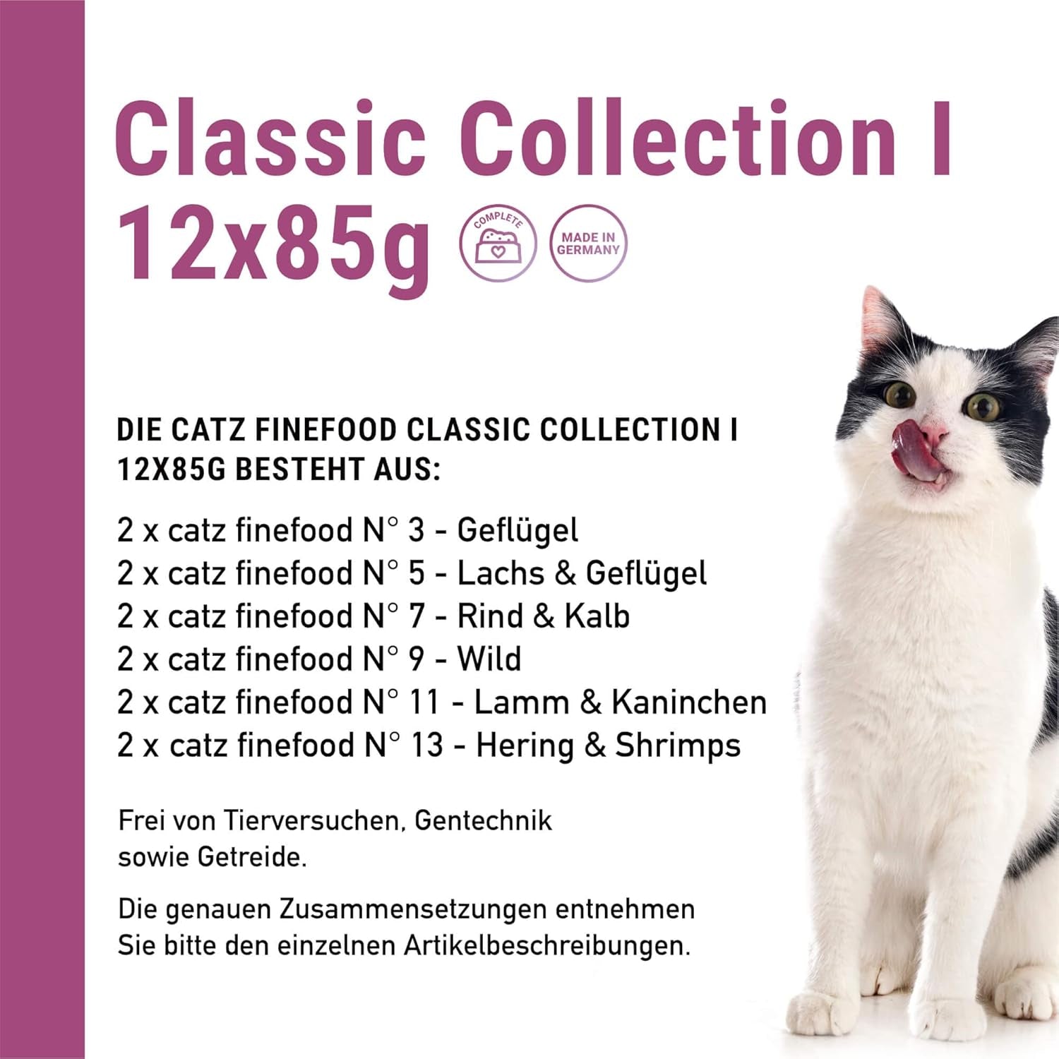 Catz Finefood Classic Collection Mixed Pack Wet Cat Food - Gourmet vådfoder til din kat, kornfri og sukkerfri, med højt kødindhold, 24 poser x 85g