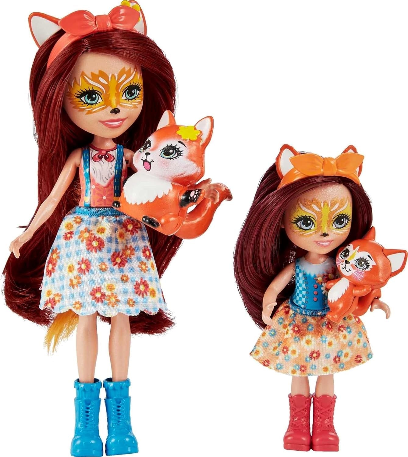 Enchantimals HCF81 - Felicity Fox og hendes lillesøster (ca. 15cm og ca. 10cm) og 2 dyrefigurer, aftagelig nederdel og tilbehør, fantastisk gave til børn fra 3 år og opefter