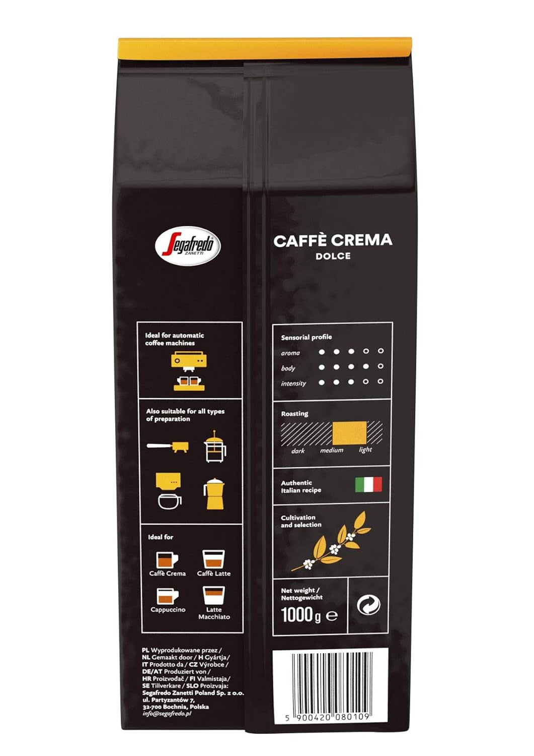 Segafredo Zanetti Caffè Crema Dolce - Hele bønner (1 kg pakke) - Velegnet til Caffè Crema - Lette til mellemristede kaffebønner med en mild og afbalanceret smag (2 pakke)