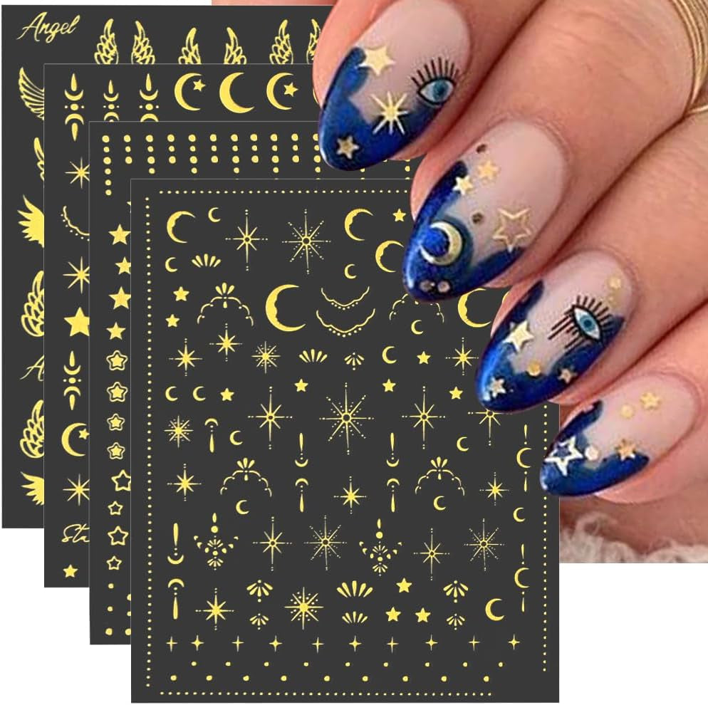 8 ark Guld Måne og Stjerner Nail Art Stickers Englevinger Tan Guld Nail Stickers Stjerner Negle Foils Selvklæbende negle Stickers Negle Design Tilbehør Negle Stickers