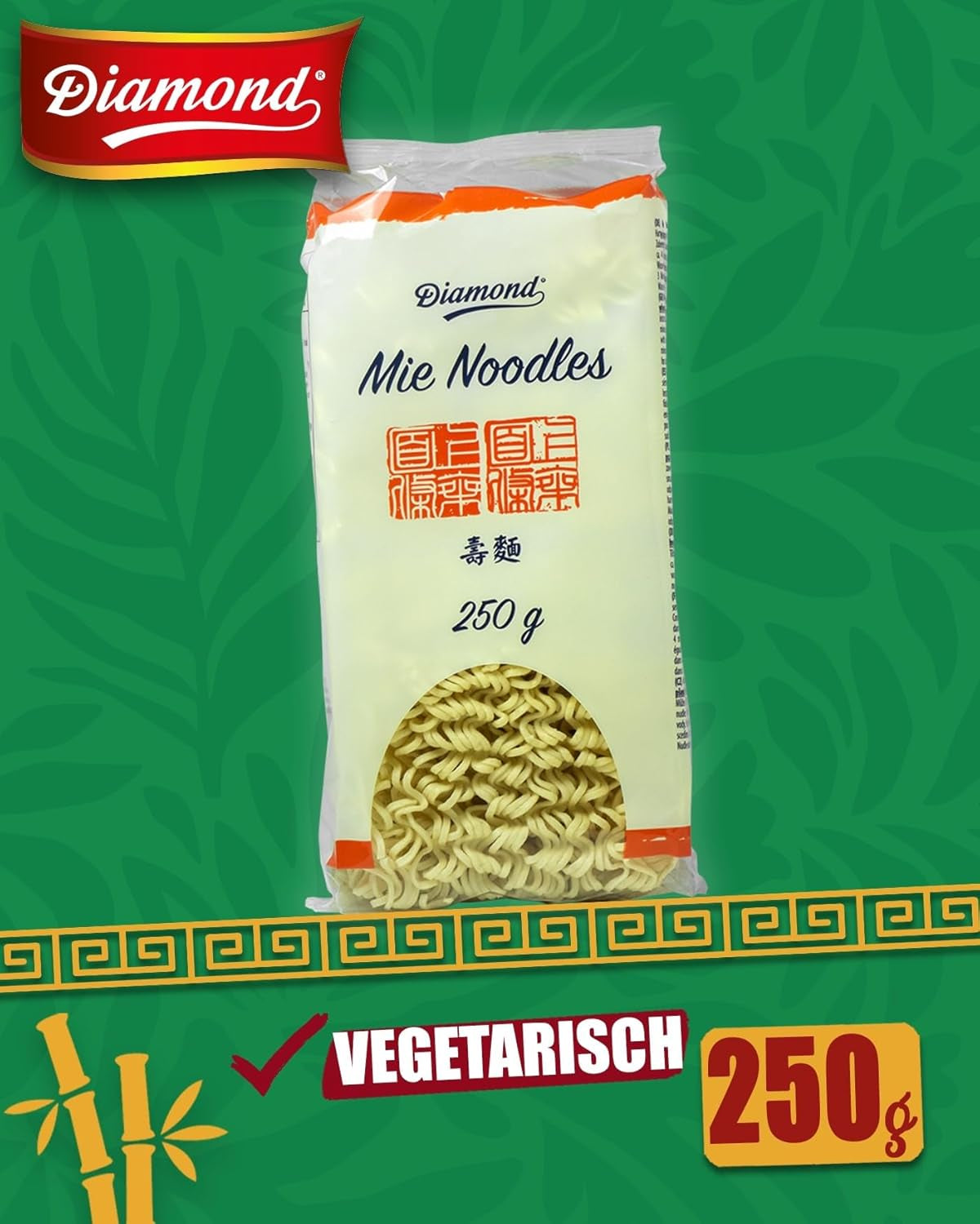 DIAMOND Mie Nudler, hvedenudler uden æg, hurtig og nem at tilberede, vegetarisk - 8 x 250 g
