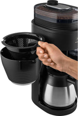 Melitta AromaFresh Therm Pro X - Espressomaskine med filter, integreret kværn, aftagelig vandtank, termokande i rustfrit stål og timerfunktion, til op til 8 kopper kaffe, sort/sølv