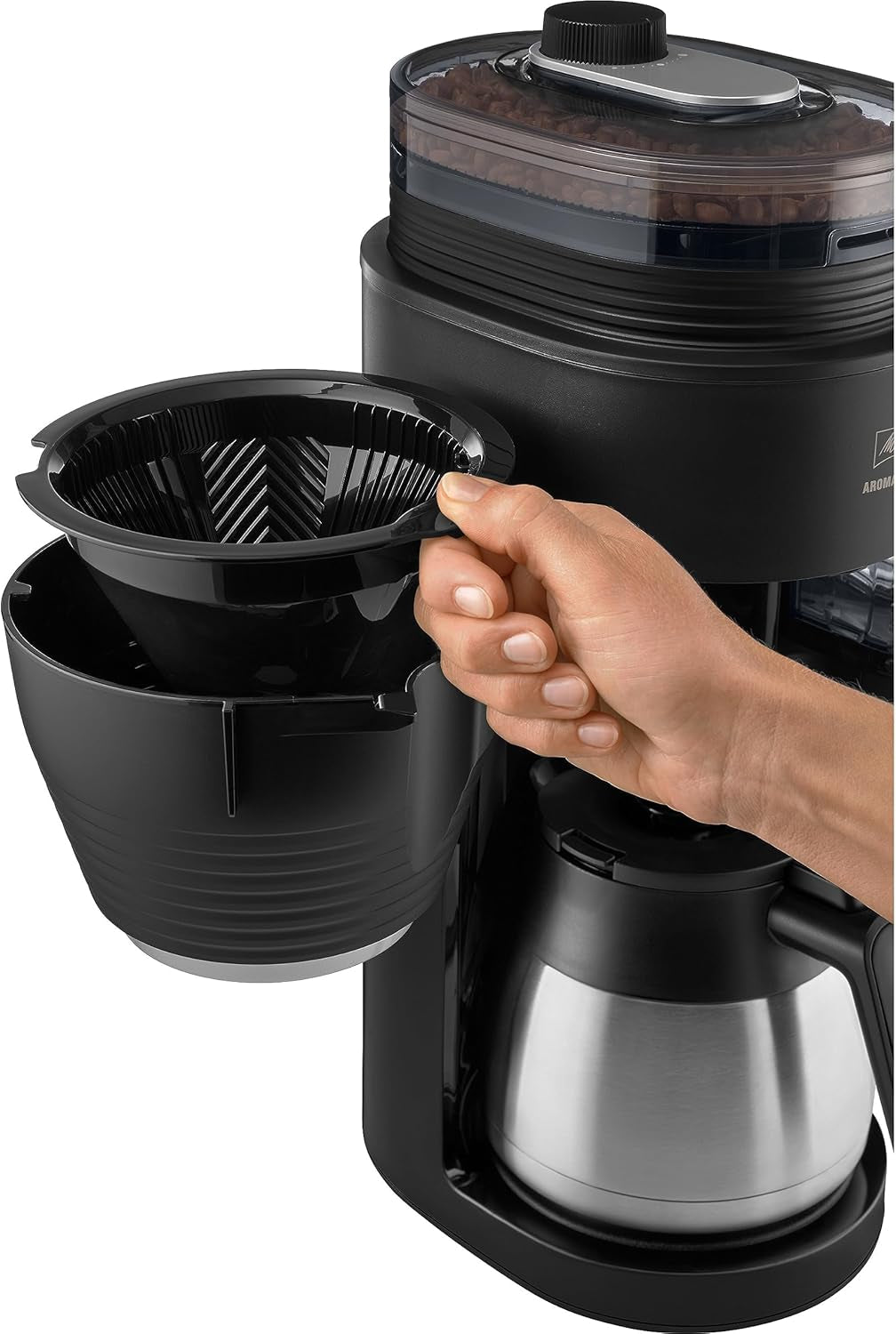 Melitta AromaFresh Therm Pro X - Espressomaskine med filter, integreret kværn, aftagelig vandtank, termokande i rustfrit stål og timerfunktion, til op til 8 kopper kaffe, sort/sølv