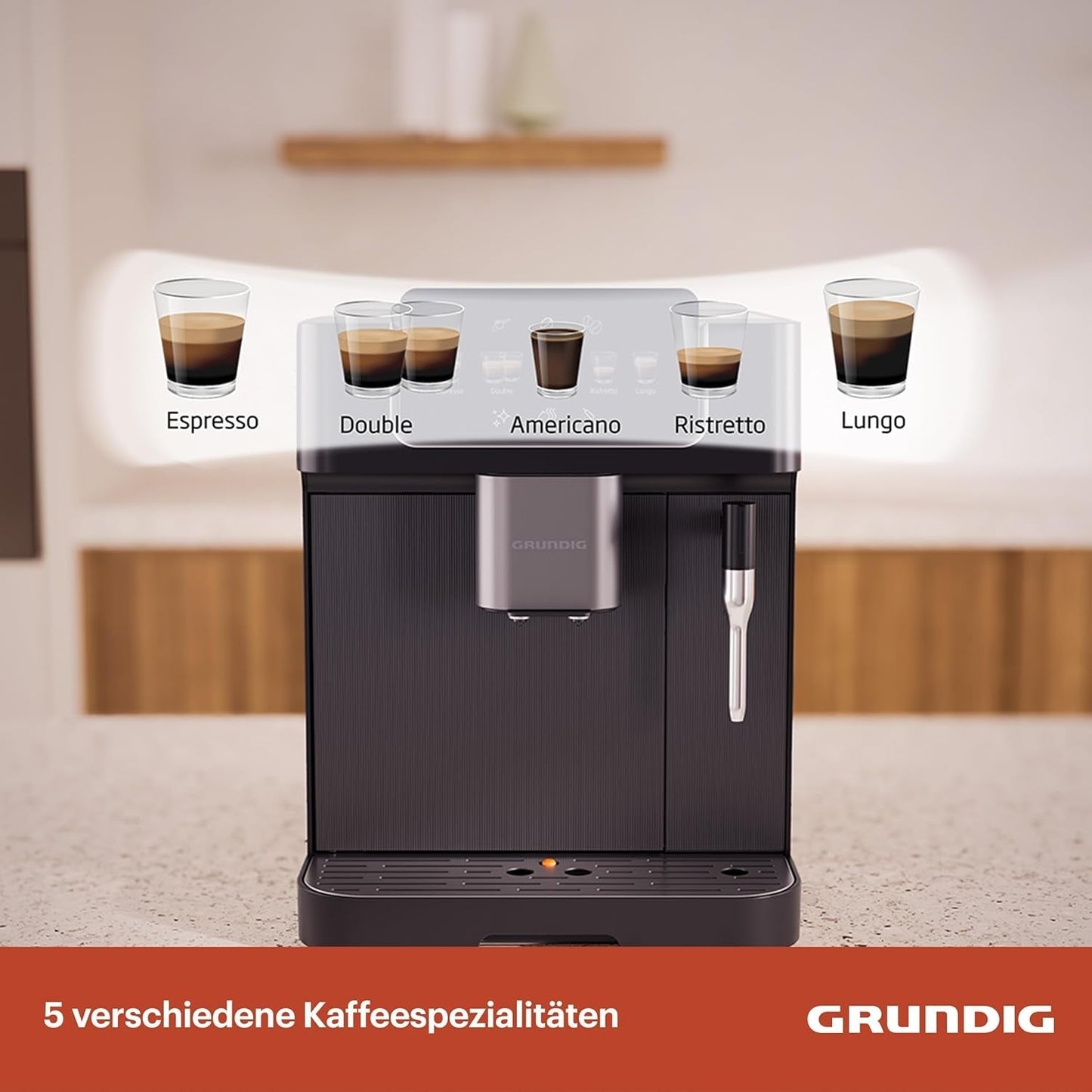 GRUNDIG KVA 6230 fuldautomatisk espressomaskine med mælkeskummer, rustfri stålkværn med 13 slibeindstillinger, bønnebeholder 250 g, aftagelig vandtank 2 liter, pumpetryk 19 bar, touchdisplay, sort