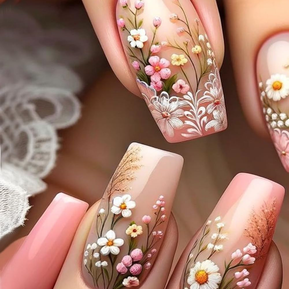 24 stk lang tryk på negle kiste kunstige negle sommerfugl blomst selvklæbende negle hvid brun akryl negle sæt negle tips kvinder forår sommer negle tilbehør