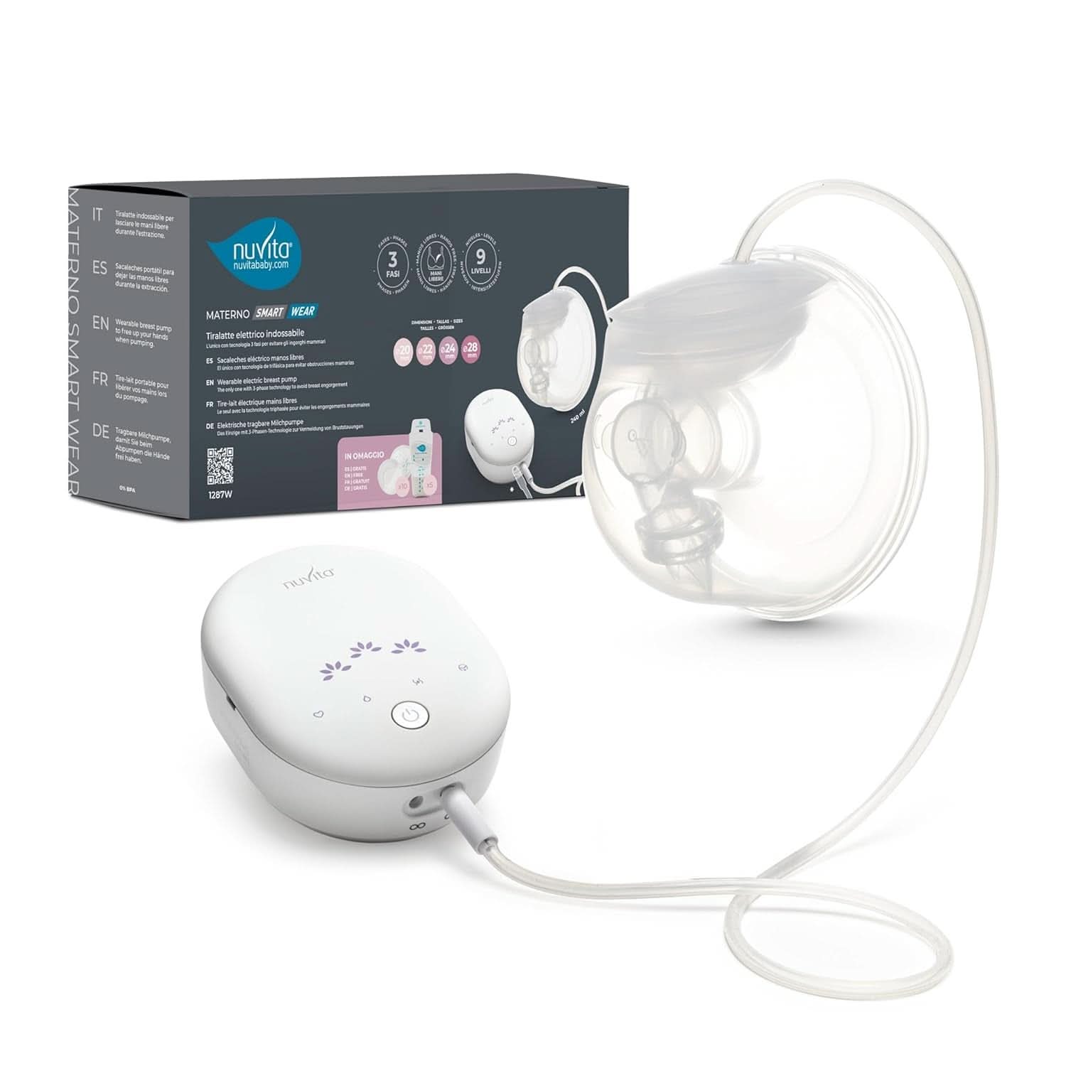 Nuvita Materno Smart Wear 1287W - Håndfri bærbar elektrisk brystpumpe - 3-faset teknologi, tilpasselig, bærbar, dobbelt brystpumpe konverteringssæt tilgængeligt Tilbehør Mad og amning Bebe Naty Shop