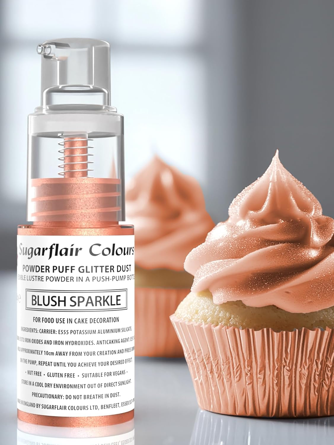 Sugarflair Pump Powder Spray, Glitter, Blush, Glitter - madfarve til kage, non-aerosol spray til kager, muffins og mere - 10g