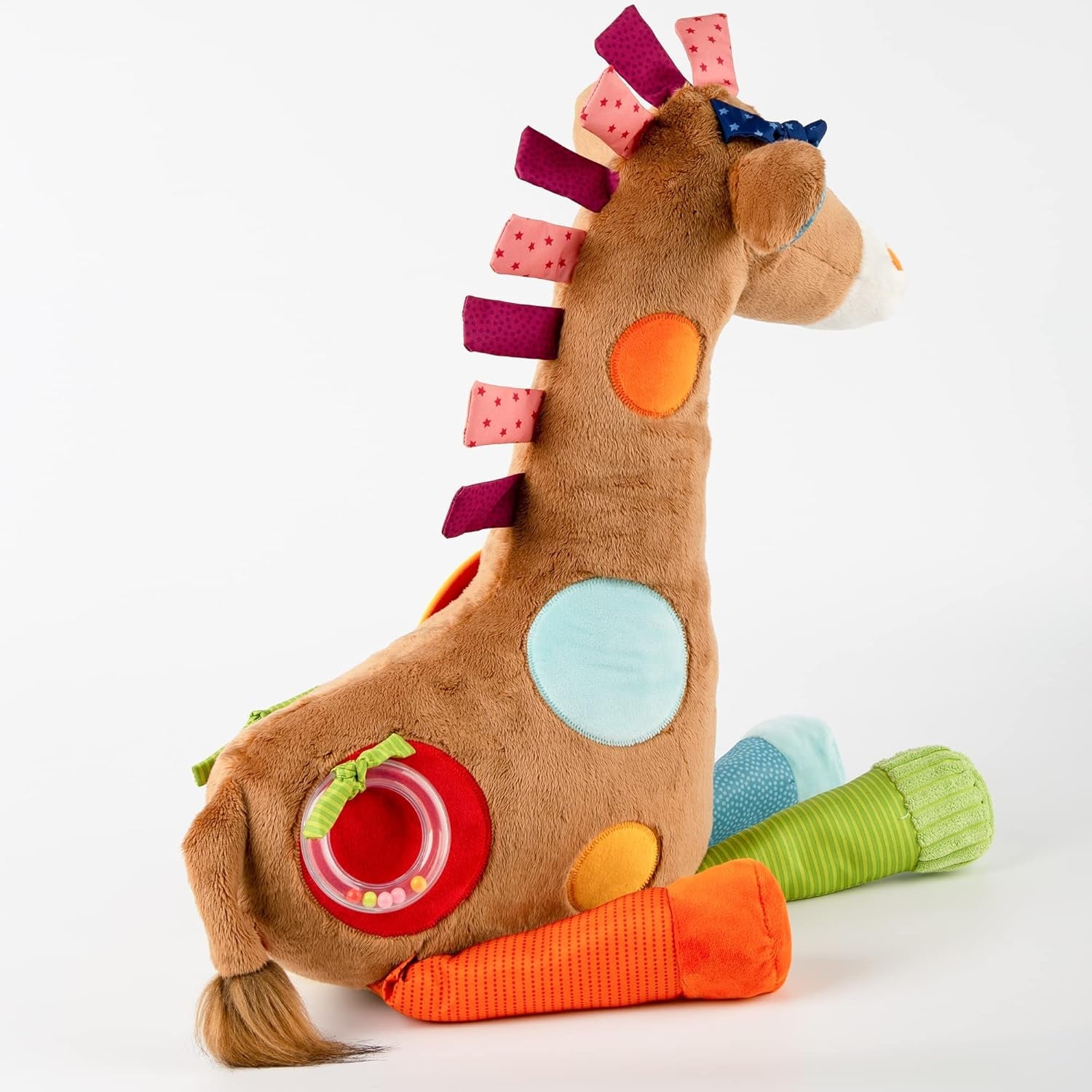 SIGIKID 42863 Giraffe XXL babylegetøj, PlayQ pædagogisk legetøj, plyslegetøj med bidering, rangle, spejl, knirkende, til babyer og børn fra 3 måneder, multifarvet/giraf 72 cm legetøj Bebe Naty Shop