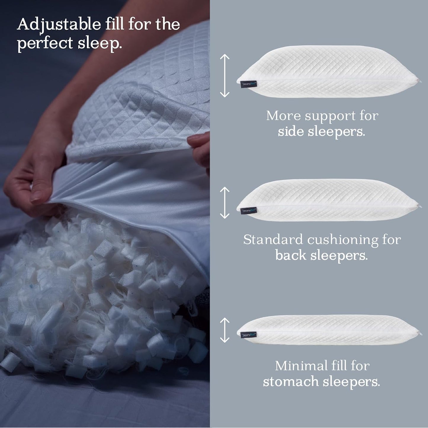Dreamyblue Premium sovepude - strimlet memoryskum fyld [Justerbar loft] Vaskbart bambusvundet viskosebetræk - Til glidende sider, ryg og mave - Naty Shop standardpuder