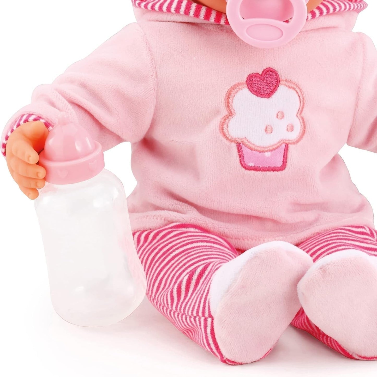 First Words dukke med søvnige øjne, taler 24 babylyde, med dukke og flaske, 38 cm, pink/striber Naty Shop Dolls