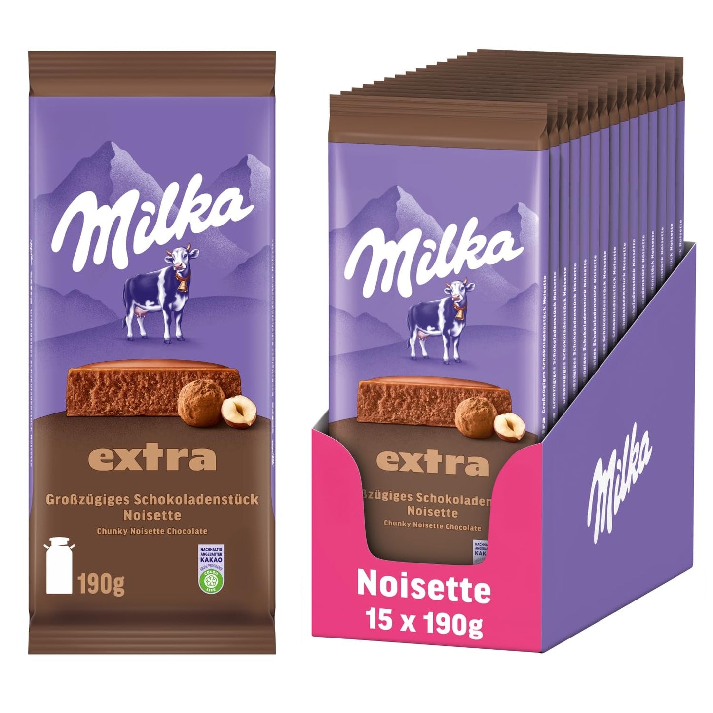 Milka Extra Noisette – Alpine mælkechokolade med delikat og cremet hasselnøddefyld – 15 x 190 g