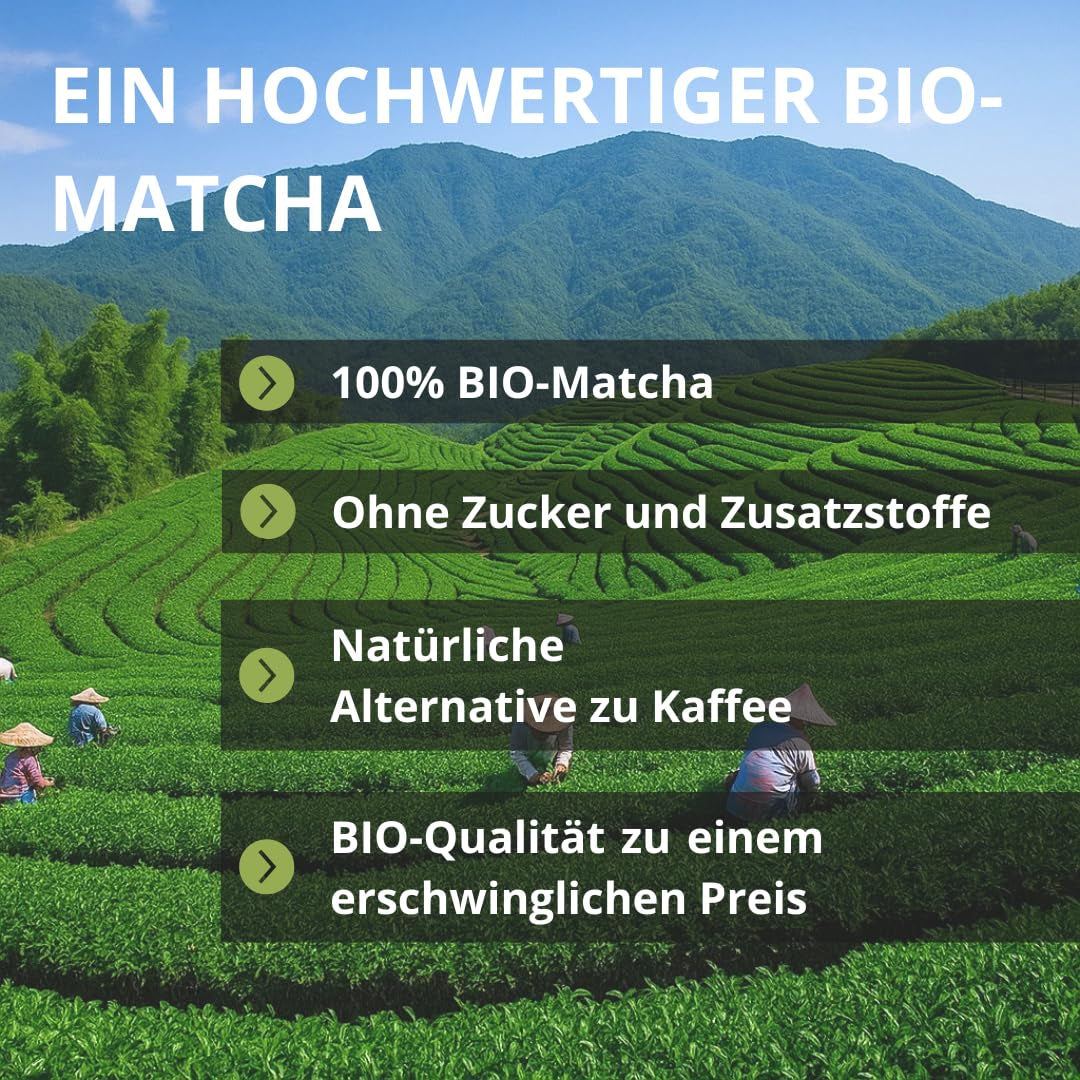 | Matcha økologisk pulver 100 g | Grøn te Matcha Powder Ceremoniel Grade | 100 % naturlig og førsteklasses kvalitet | Afgiftende te | Kompatibel med Matcha sæt, stilk, skål og glas.