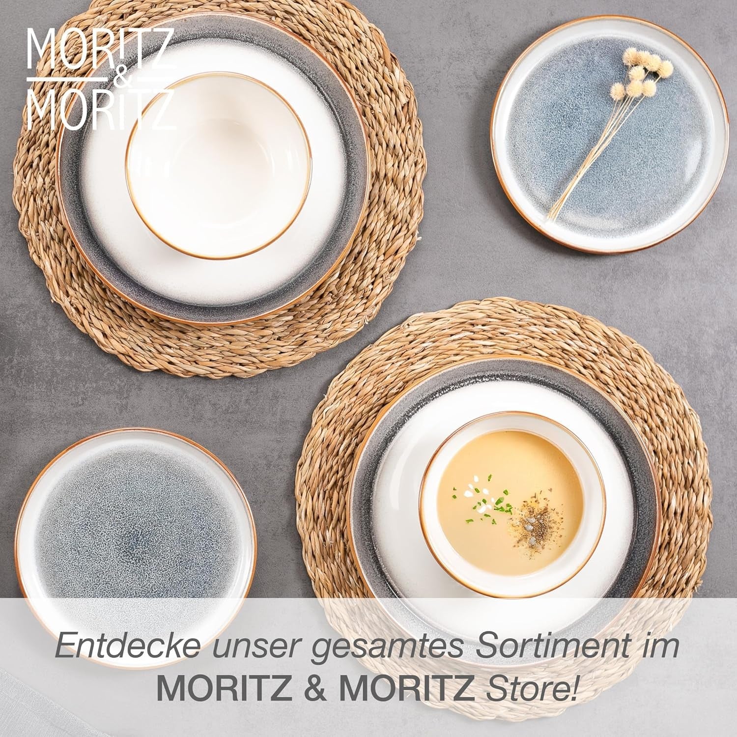 Moritz & Moritz TARENTO 24-delt servisesæt til 6, grå - Elegant højkvalitetstallerkensæt i stentøj - Spisestellet indeholder 6 middagstallerkener, 6 desserttallerkener, 6 middagstallerkener og 6 kopper