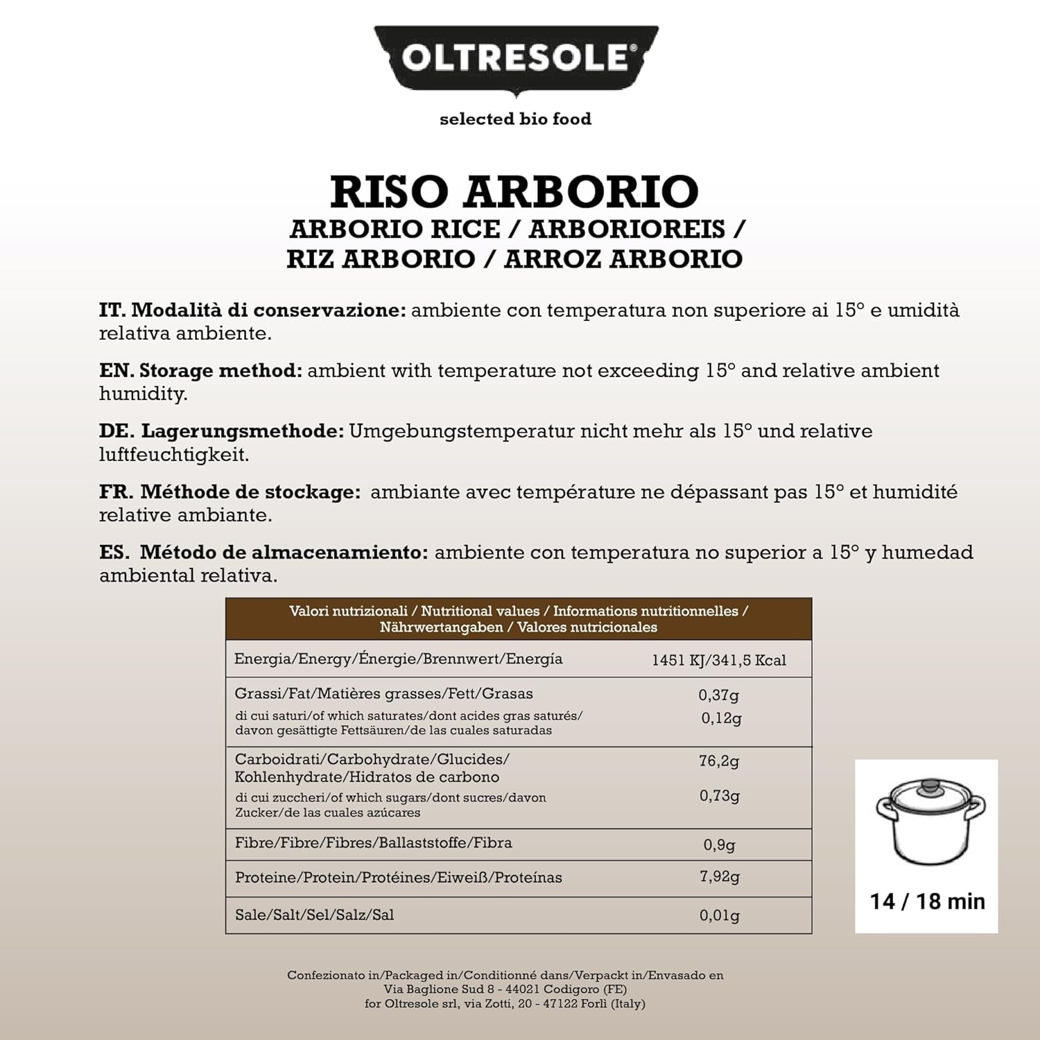 Artisanal italiensk Arborio-ris, storkornet og stivelsesholdige ris, ideel til supper, risottoer og rissalater, vakuumpakket i 2 1 kg poser
