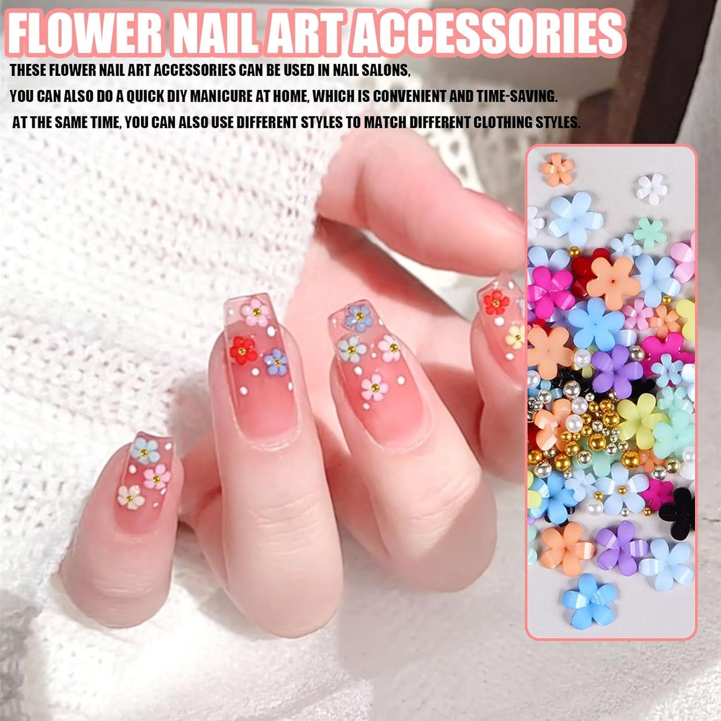 3D Flower Nail Charms, 12 Grids Akryl Resin Blomster og Guld Sølv Perler Neglesten, Flower Gel negle, Flower Negle dekorationer til kvinder og piger, DIY manicure tilbehør