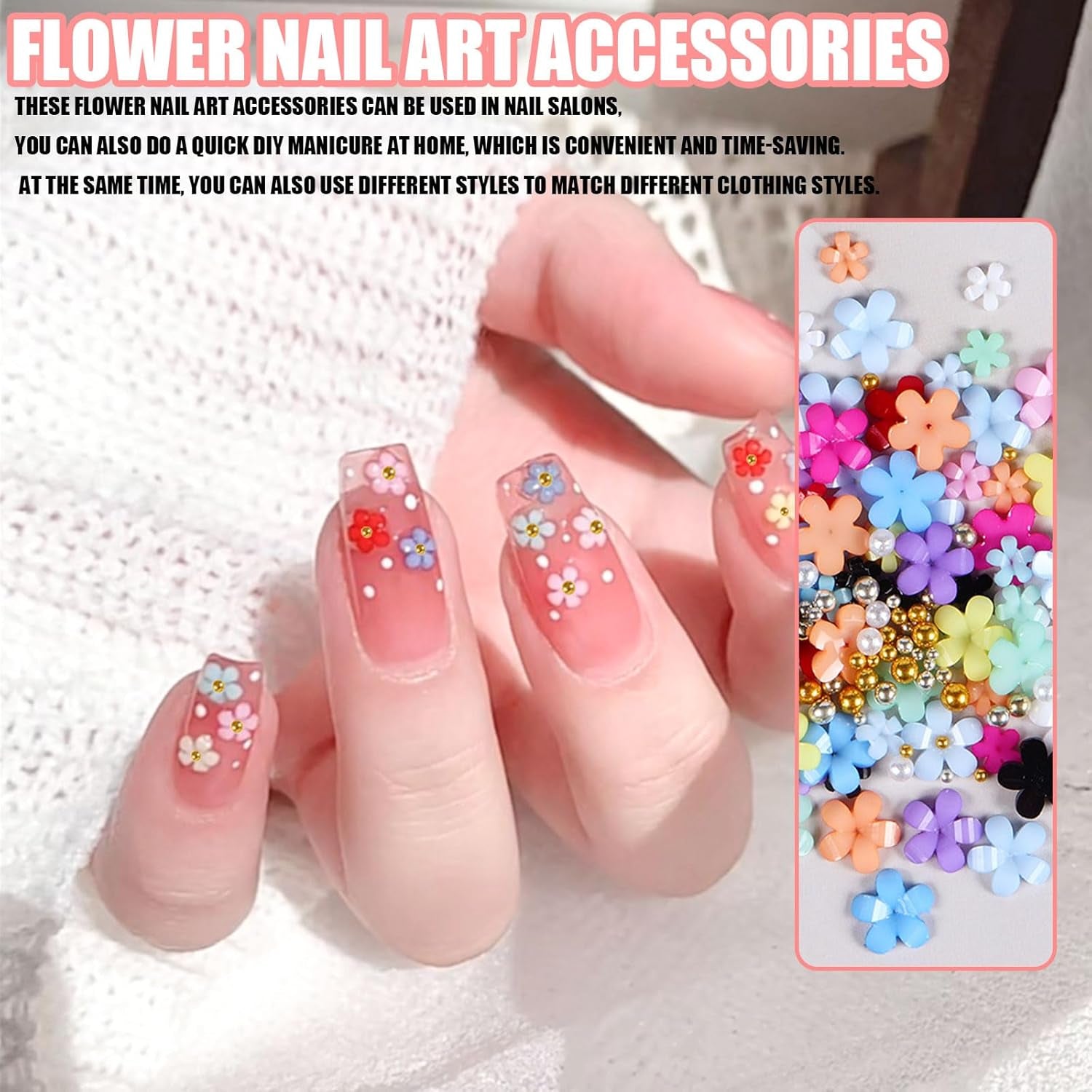 3D Flower Nail Charms, 12 Grids Akryl Resin Blomster og Guld Sølv Perler Neglesten, Flower Gel negle, Flower Negle dekorationer til kvinder og piger, DIY manicure tilbehør
