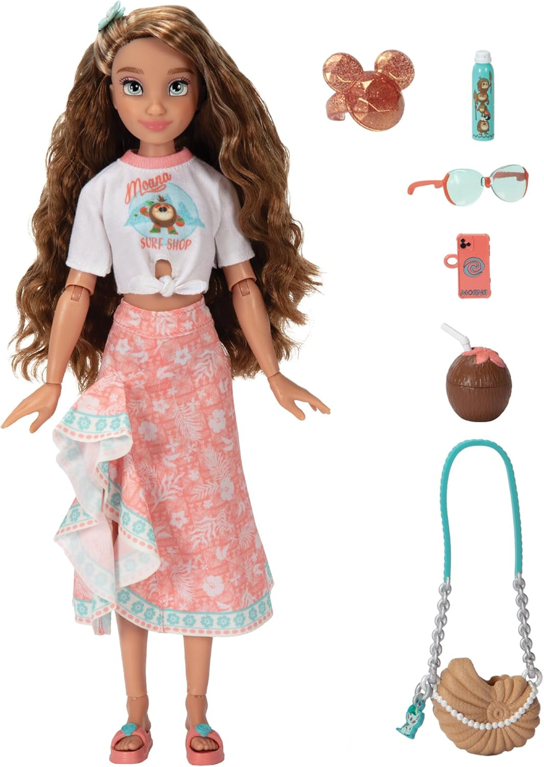 Vaiana dukke med tilbehør, 29 cm, 13 artikulationspunkter, officielt licenseret af Jakks Pacific. Komplet med kombinerbart tilbehør og en funklende Mickey ring!