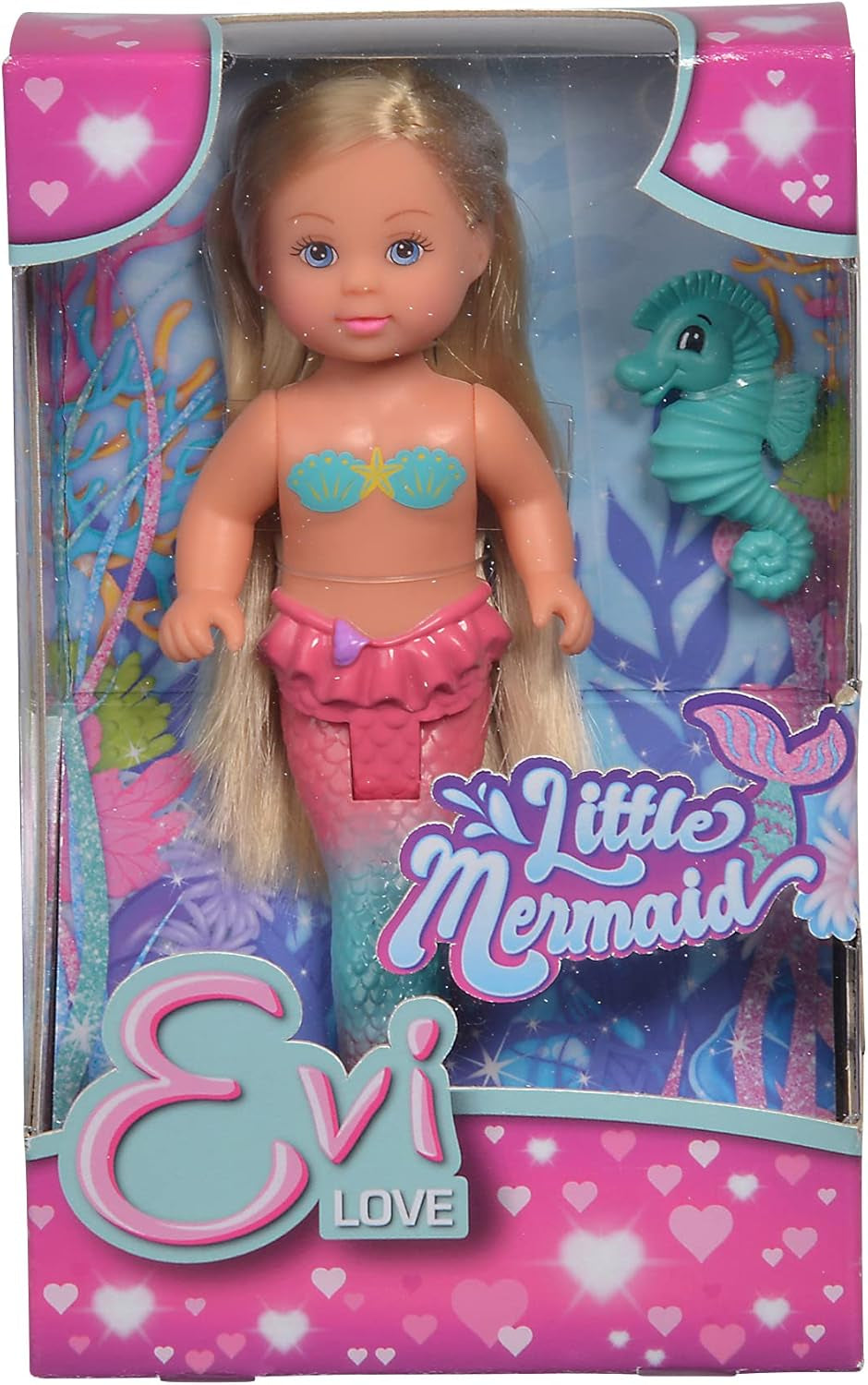 Simba 105733424 - Evi elsker den lille havfrue, assorteret 2 måder, kun EN vare vil blive leveret, Evi som en havfrue, bevægelig halefinne, med søhest, 12 cm modedukke, 3+