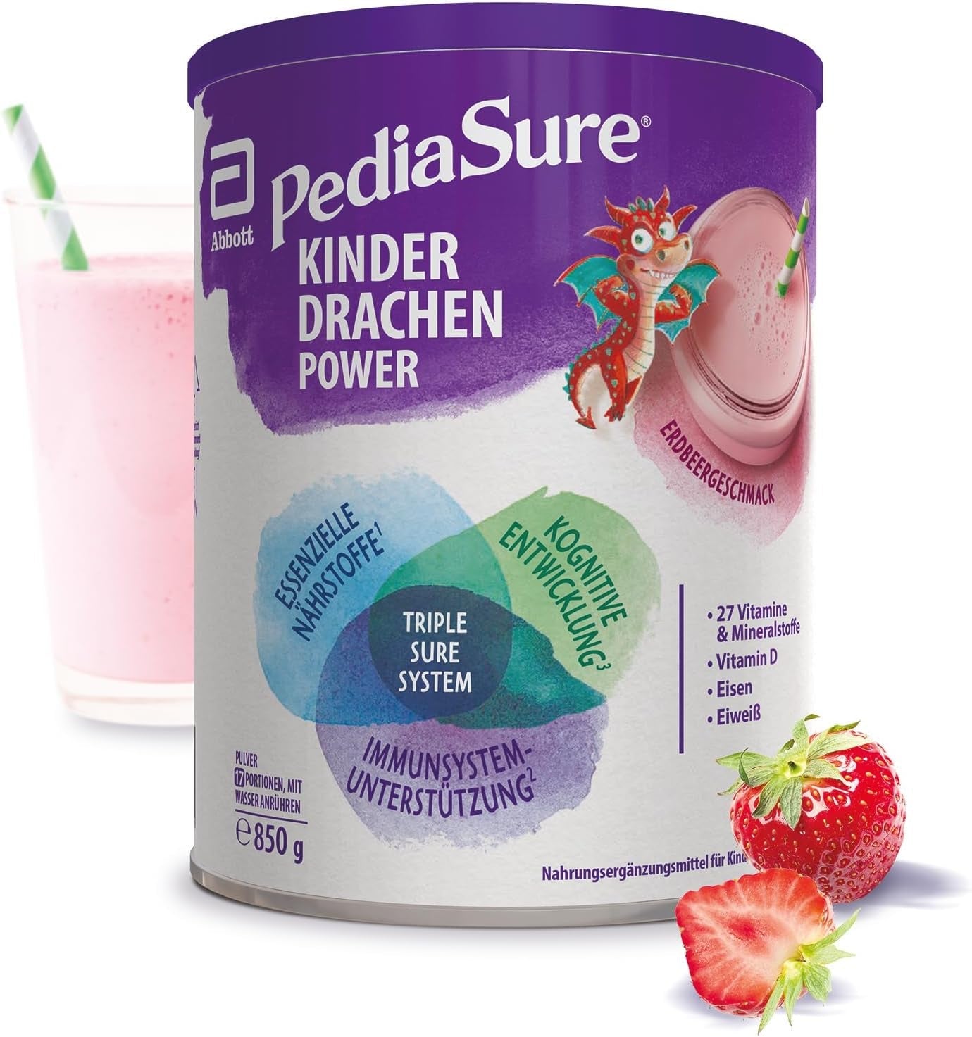 Pediasure Dragon's Power, Kosttilskud til børn fra 1 år, 27 vitaminer og mineraler Naty Shop Strawberry