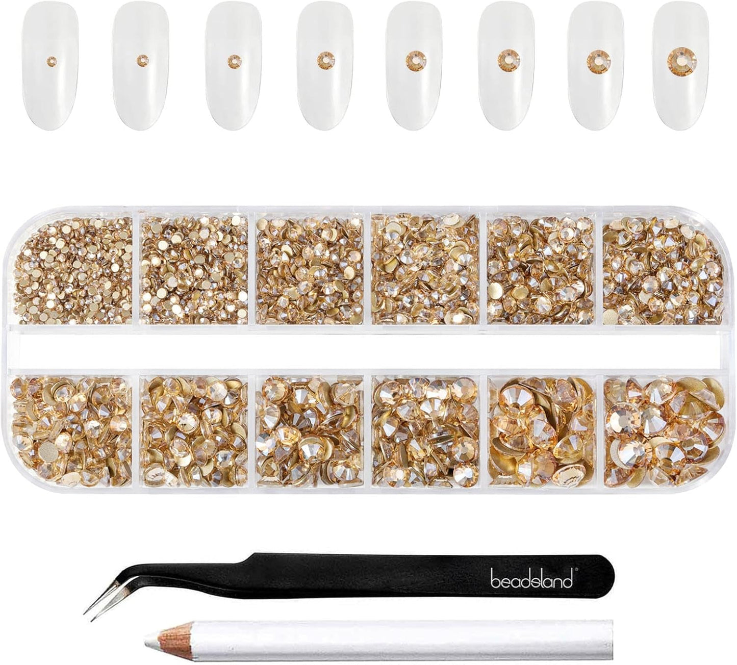 Beadsland 2500 stk Glas Nailart Strasssteine ​​​​Kristall Flatback Edelsteine ​​​​Runde, ​​Für Handwerk Gemischt 8 Größen SS4 ~ SS30 Mit Picking Pinzette Und Stift (Kristall Weiss)