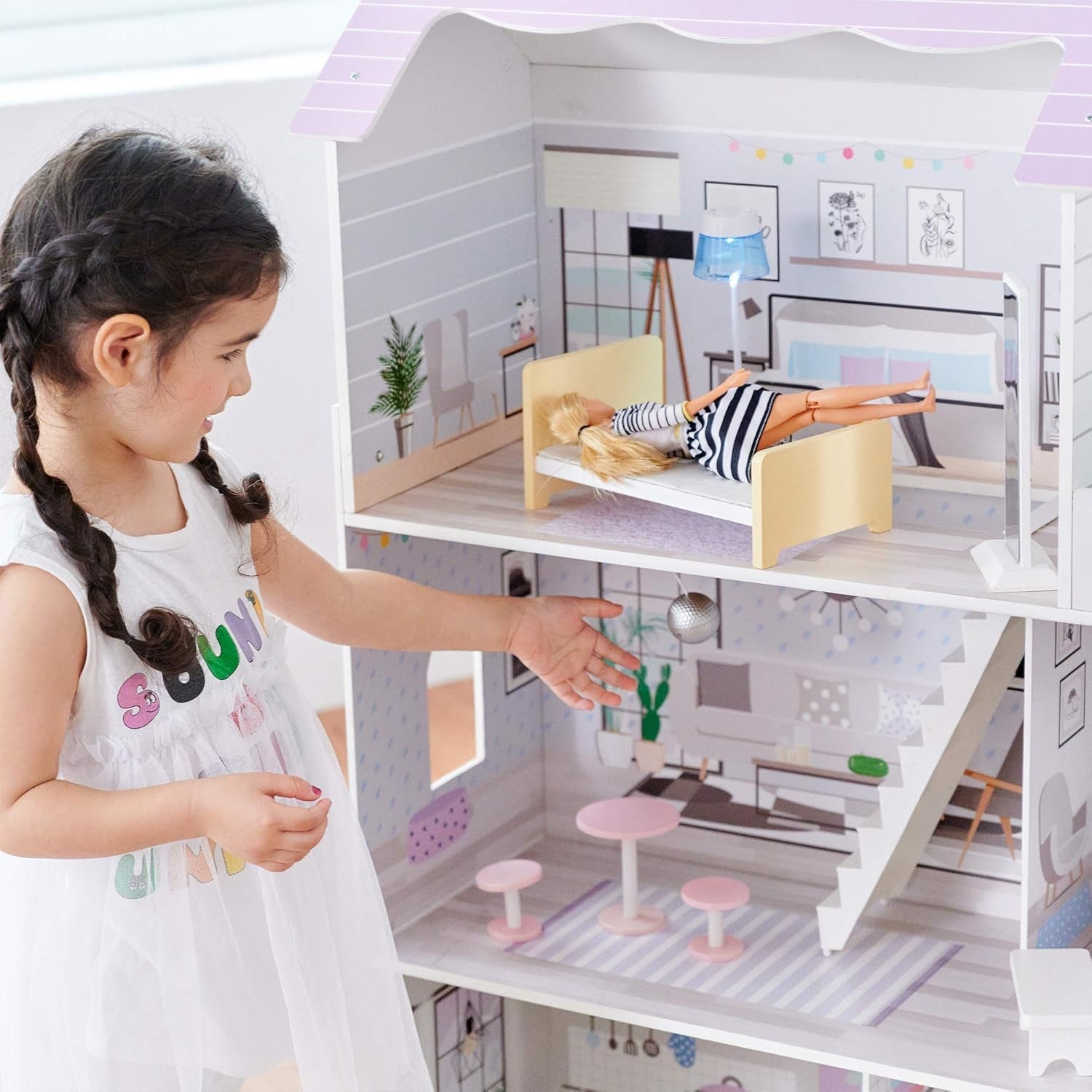 Teamson Kids Olivias Little World Giant dukkehus med 16 dukketilbehør, trædukkehus med møbler, 3-etagers, børnedukkehus til 12 tommer/30 cm dukker, alder 3 år+ Naty Shop dukkehuse