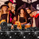 49 styks Halloween Spider Papir Bestiksæt Inklusiv tallerkener, servietter, glas og dug. Sort spisestel med desserttallerkener, servietter og glas.
