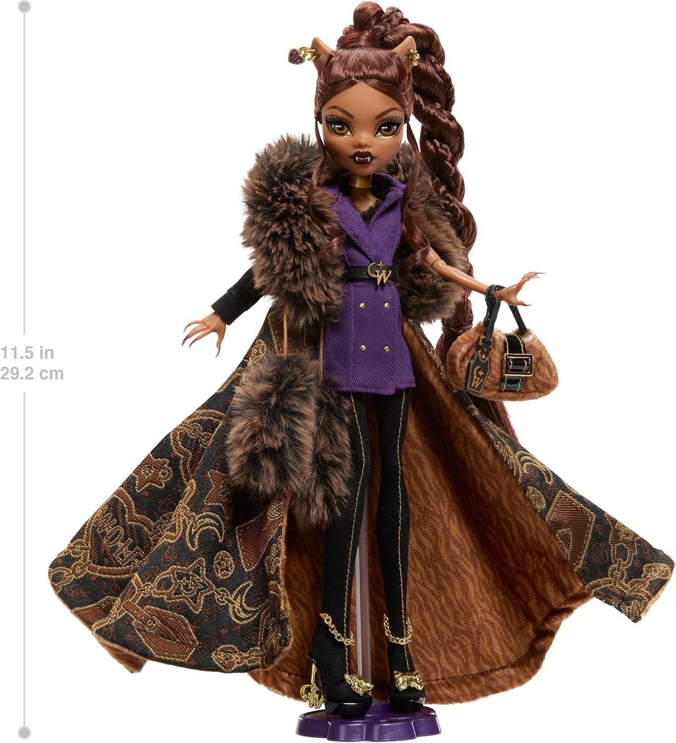 Monster High Doll House of Wolves Clawdeen Wolf samlerfigur med imiteret pels jacquardfrakke Lilla jakkekjole Guldbukser og tilbehør JDR66