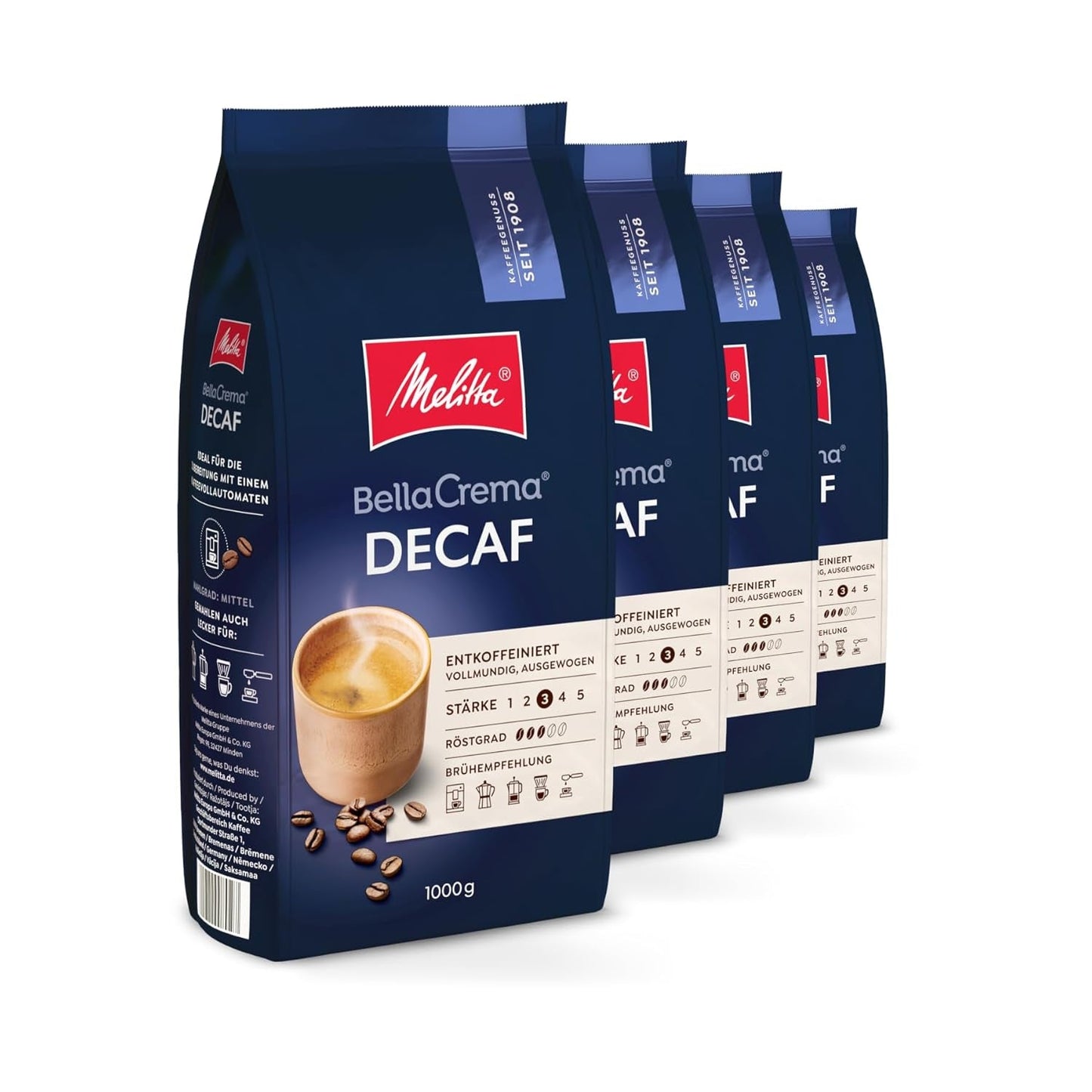 Melitta BellaCrema koffeinfri kaffebønner 4 x 1 kg uformede kaffebønner til fuldautomatiske kaffemaskiner Koffeinfri lysristet tysk ristning 3 styrke