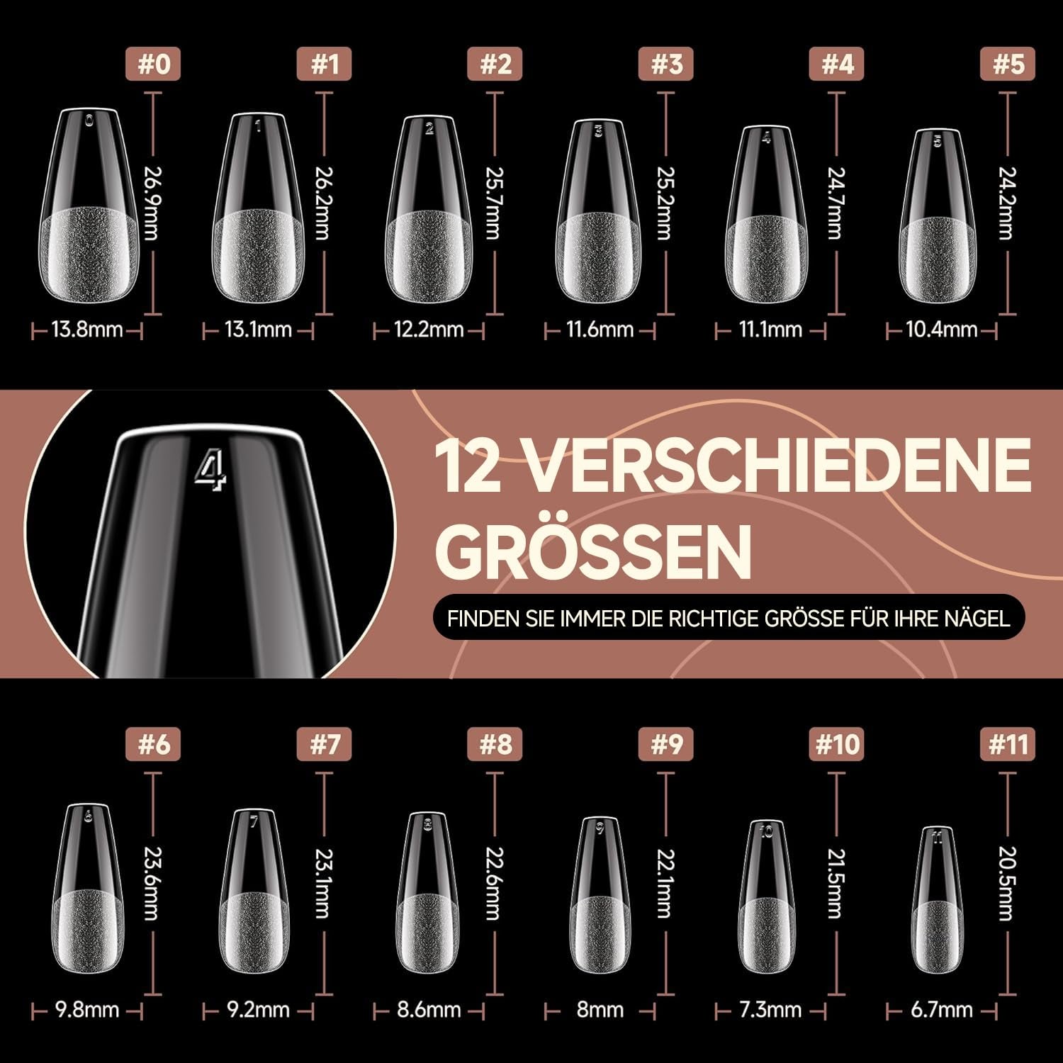 Ballerina Gel Neglespidser 216 stk. 12 Størrelser Soft Gel Negle Tips Full Cover Negle Extension Sæt Semi Matt DIY Home Art
