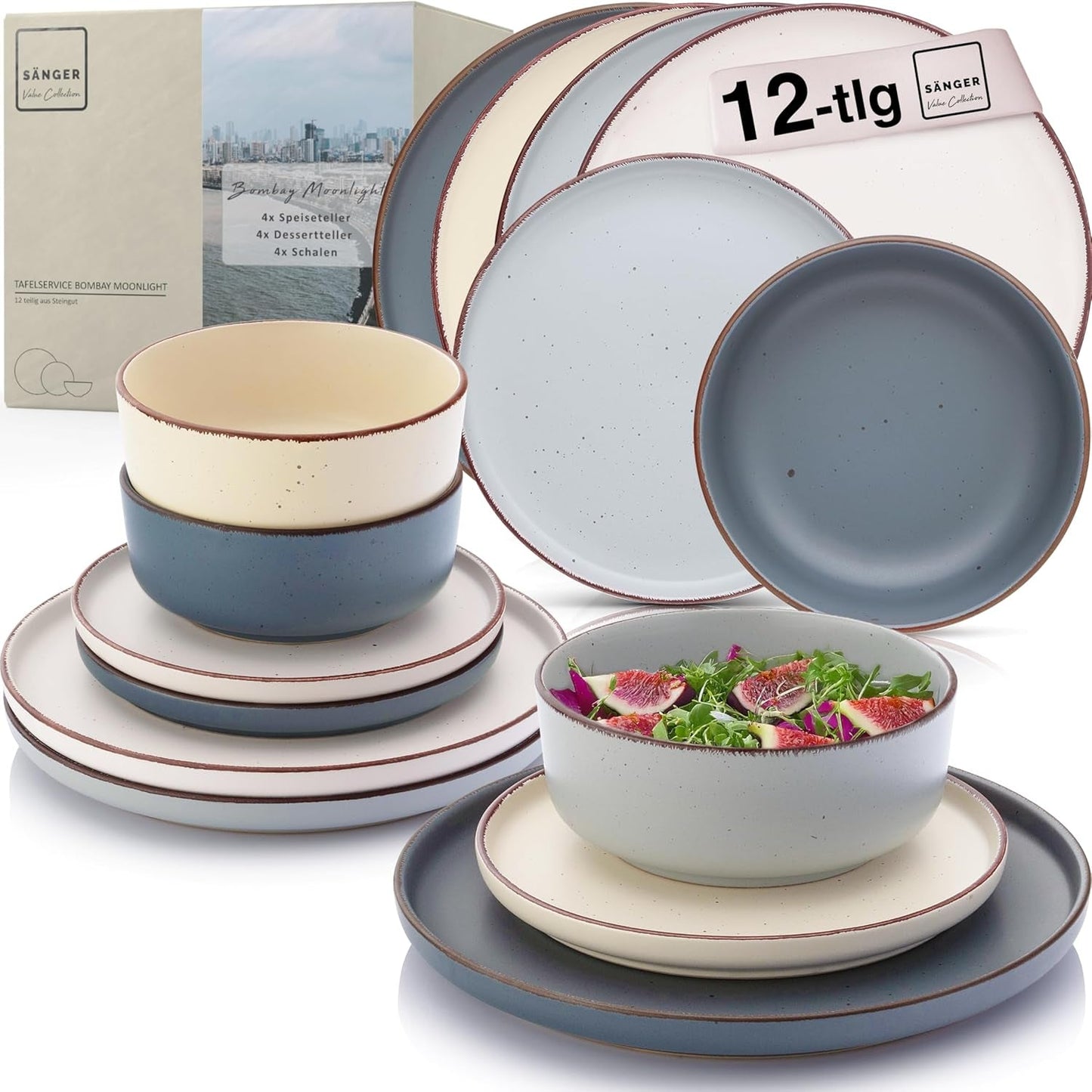 SÄNGER Bombay Moonlight | 12 dele keramisk spisestel til 4, 4 middagstallerkener, 4 desserttallerkener, 4 skåle, assorterede farver | VÆRDIINDSAMLING
