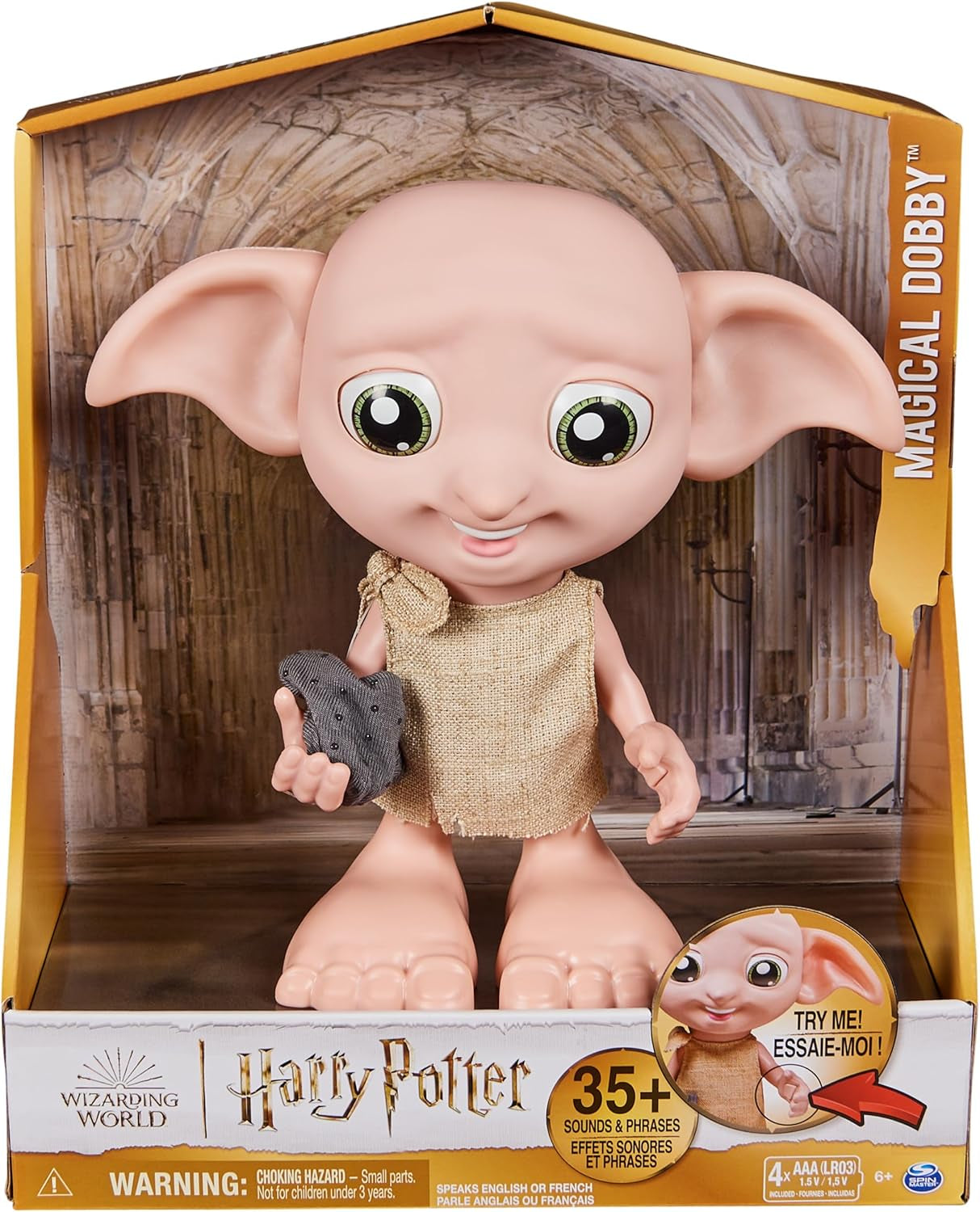 Spin Master 6067280 Wizarding World Harry Potter Magical Interactive Dobby Elf Sock Doll, 30+ lyde og sætninger, 21,6 cm, børnelegetøj, sort