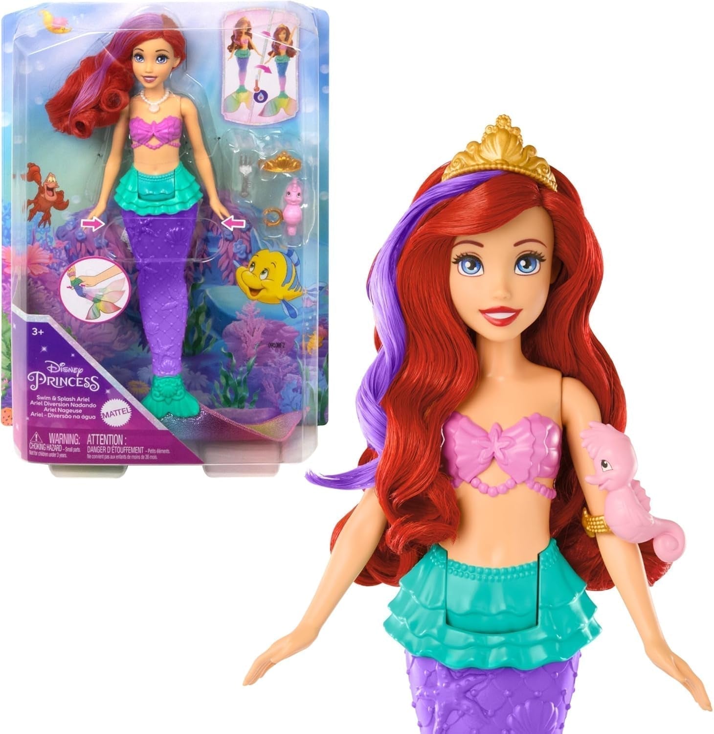 Mattel Disney Princess Legetøj, Make-up Shell Havfrue Arielle modedukke med aftagelig hale, Makeup bord med 5 gentagelige pop-up overraskelser og 5 tilbehør, JBF86 Naty Shop Ariel Dolls