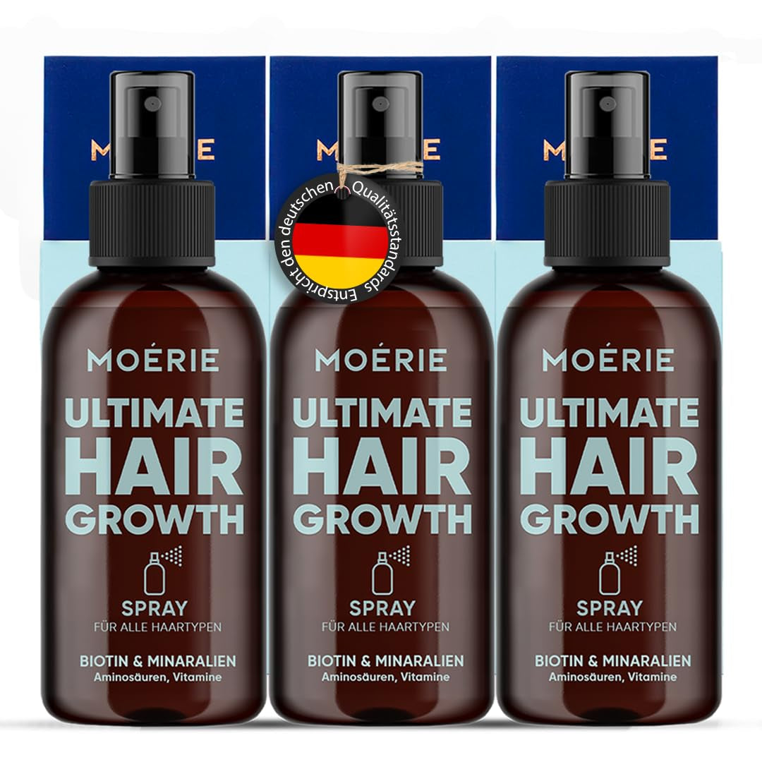 MOÉRIE Ultimativ mineralsk hårvækstspray til længere, tykkere og fyldigere hår - med biotin og koffein - veganske hårprodukter, parabenfri, alle hårtyper, vender hårtab - 2 måneders forsyning Hårpleje Naty Shop Sæt med tre