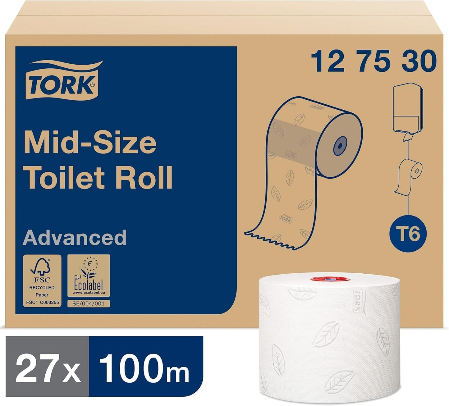 Tork 127530 avanceret kvalitet midi blødt toiletpapir til Tork T6 dobbeltrulle toiletpapir dispenser / 2-lags rivefast blødt toiletpapir 27 pakke (27 X 100 meter)
