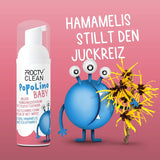 PopoLino Baby blød bundskum i stedet for våde babyservietter. Vegansk og naturligt kosmetisk renseskum! Bundskum med aloe vera, troldnød, bergamot og E-vitamin. Gør bunde og miljø glade.