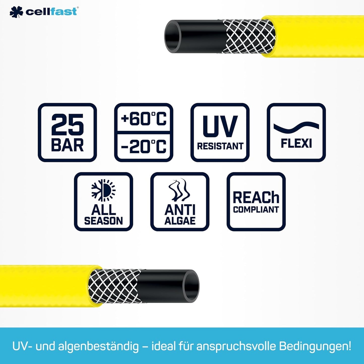 CELLFAST Haveslange 3,4 tommer 3-lags vandslange Havefleksibel kunstvandingsslange med holdbar trådforstærkning UV-bestandig anti-alge 25 bar 50 meter og mere