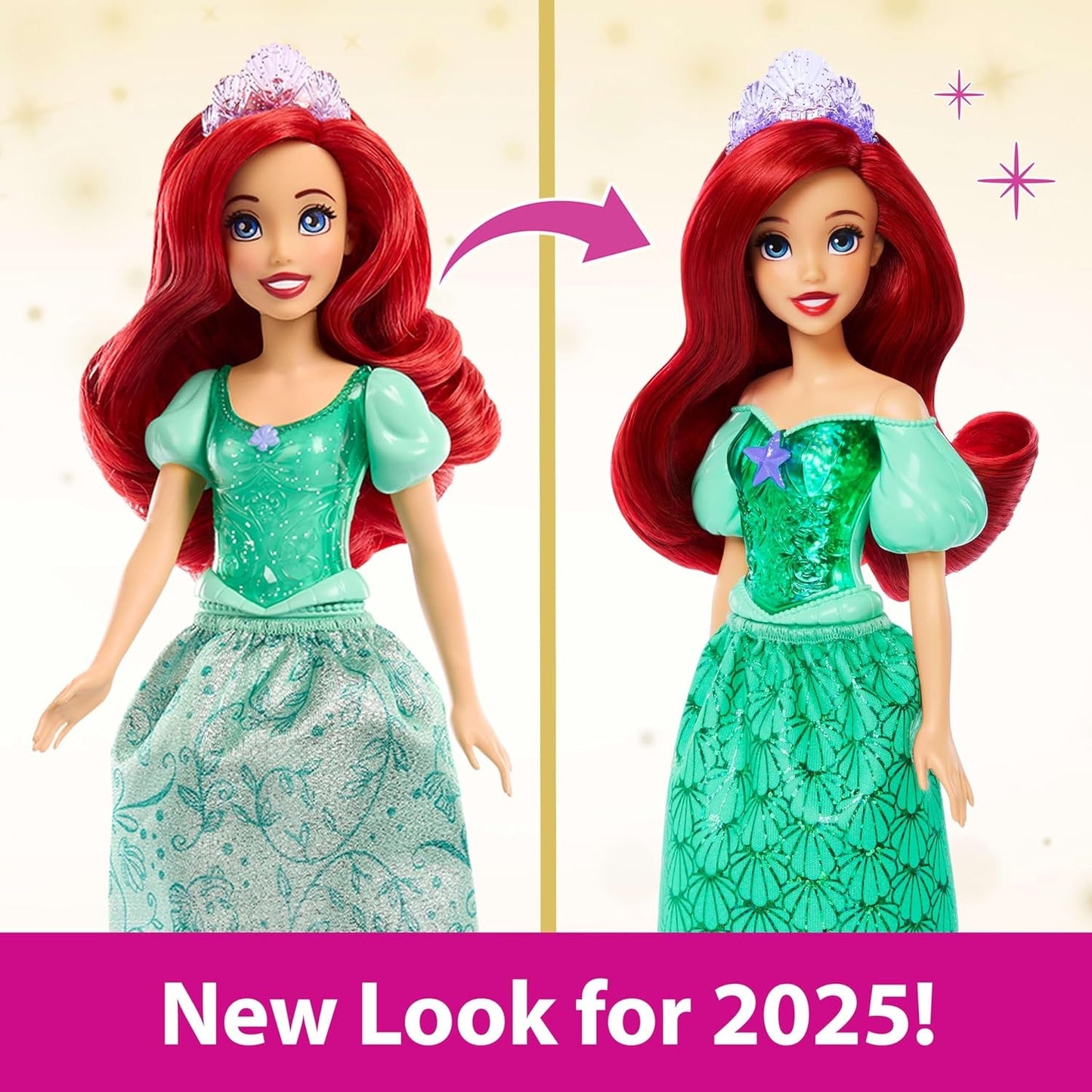 Mattel Disney Princess Ariel Doll, langt styling hår, positionerbare, aftagelige sko og pandebånd, Disney-gaver, legetøj fra 3 år og opefter, HLW10